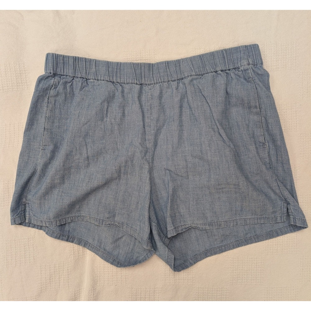 Madewell Women's Large Chambray Pull-On Shorts Blue Elastic Waist 100% Cotton